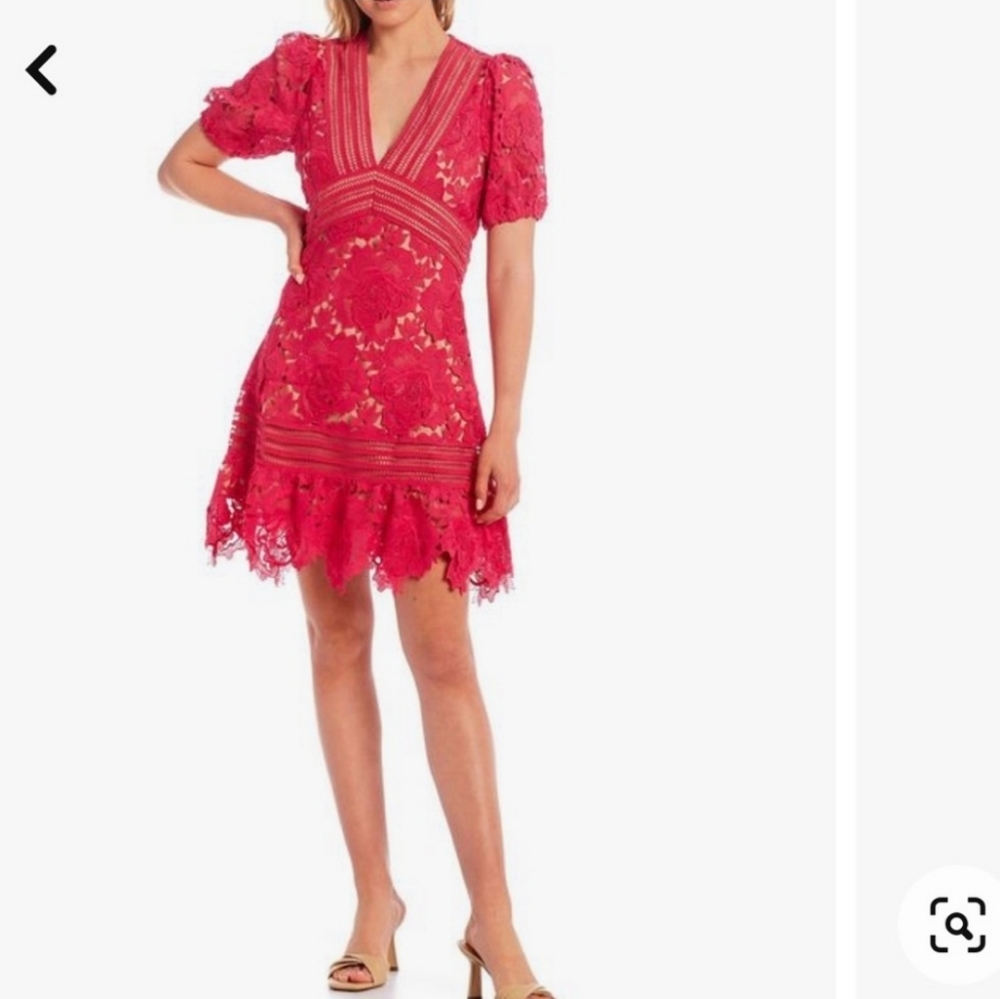 Adelyn Rae V-Neck Short Puff Sleeve Open Back Detail Illusion Crochet Lace Dress